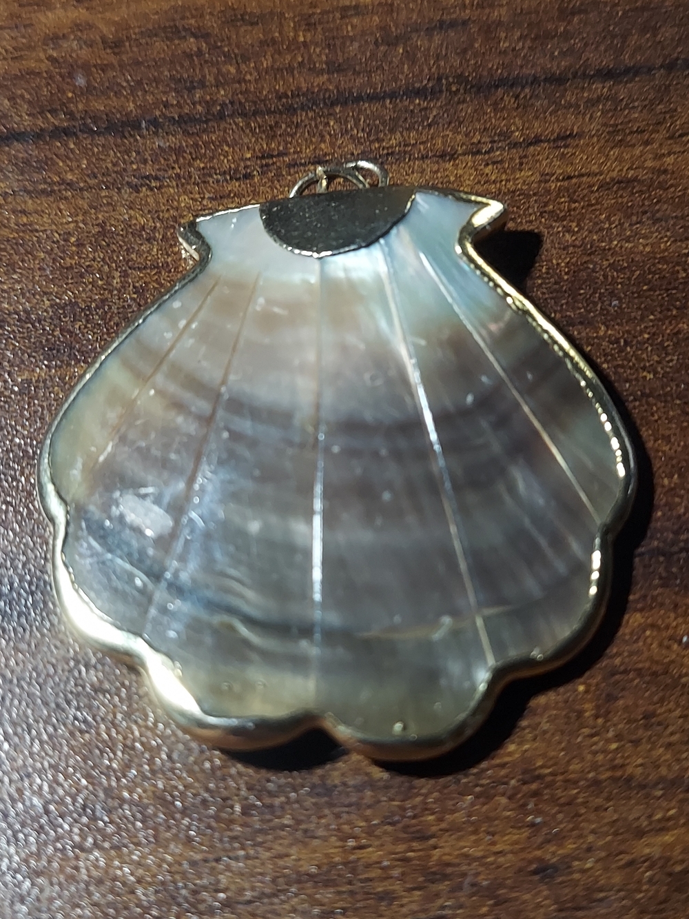 Vintage Mother of Pearl Scallop Shell Pendant Gold Bezel 2"